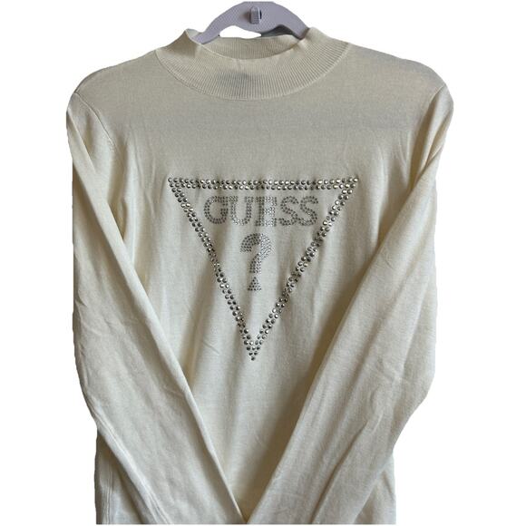 Guess Logo Turtleneck Large Rhinestones Studs Womens Preppy Y2K Viscose Sweater - Picture 3 of 12